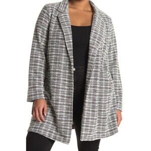 MELLODAY Black White Plaid Tweed Duster Women Large Jacket Open Front Pockets